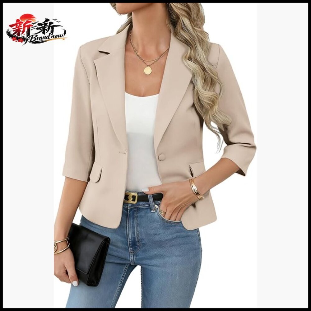 Lightweight 3/4 Sleeve Blazer, Polyester Blend Slim Fit Business Casual Jacket